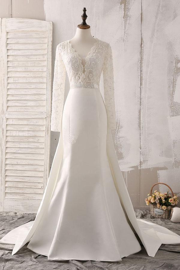Ivory Lace and Satin V-neck Long Sleeve Beaded Wedding Dress