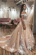 Ivory Lace Appliqued Champagne Off Shoulder Wedding Gowns Court Train