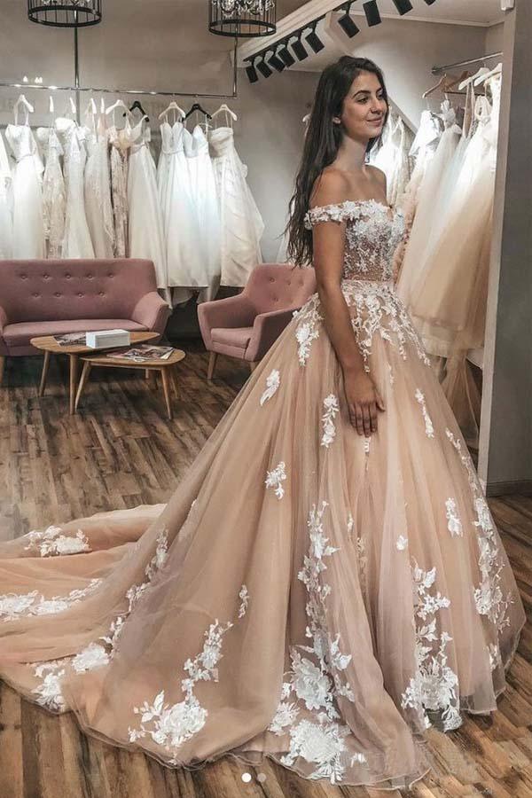 Ivory Lace Appliqued Champagne Off Shoulder Wedding Gowns Court Train