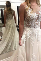Ivory Lace Wedding Dresses See Through Applique with Court Train