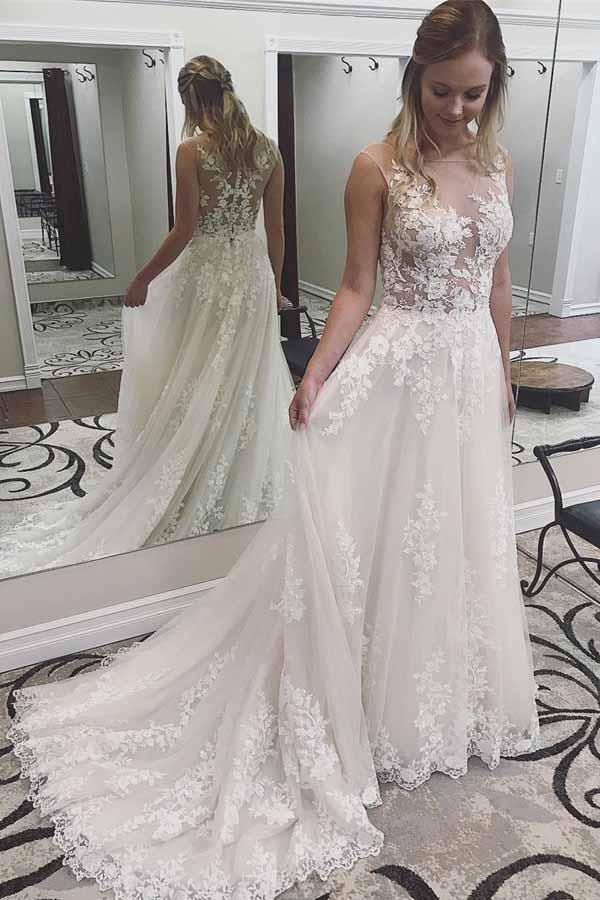 Ivory Lace Wedding Dresses See Through Applique with Court Train