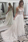 Ivory Lace Wedding Dresses See Through Applique with Court Train
