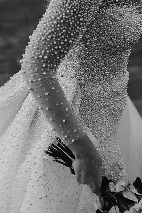 Ivory Long Sleeves Despatchable Train V-neck Button Wedding Dress with Fully coverd Pearls