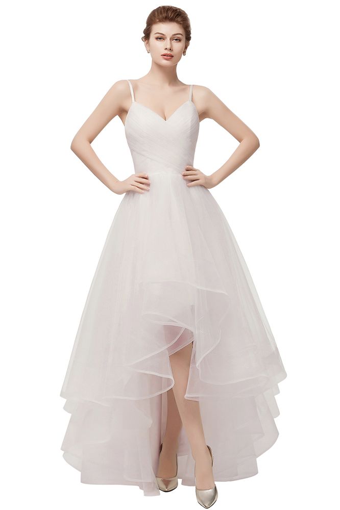 Ivory Sweetheart A-line Hi-lo Spaghetti Tulle Wedding Dresses with Ruffles