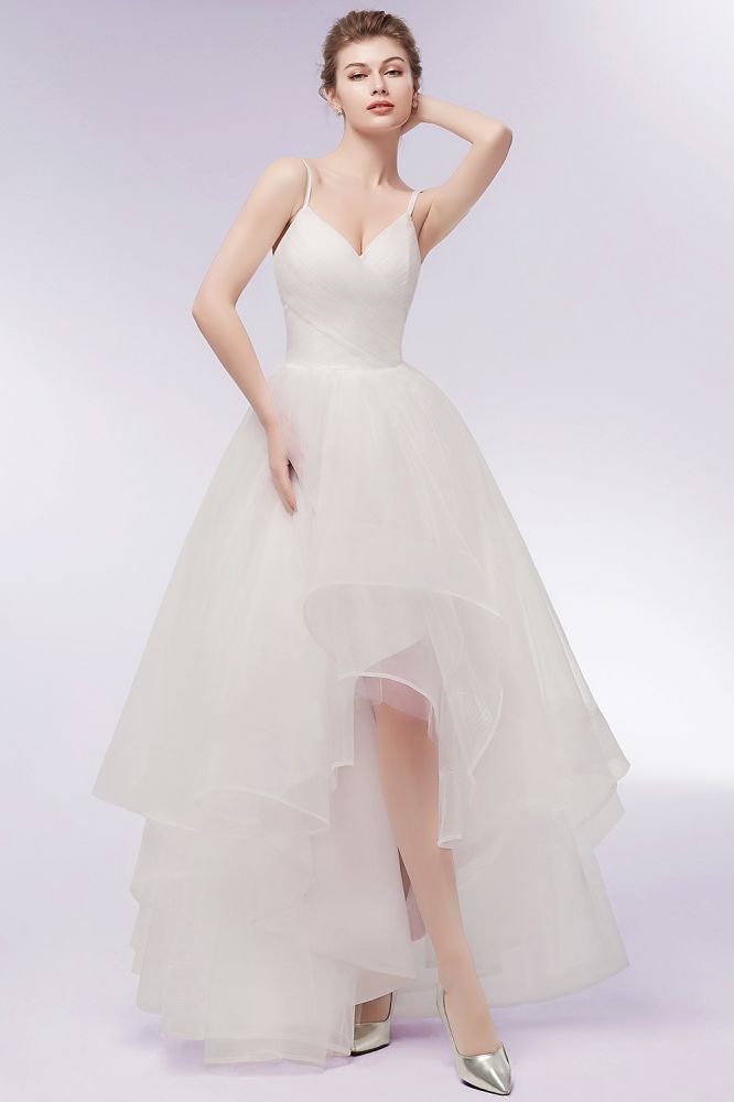 Ivory Sweetheart A-line Hi-lo Spaghetti Tulle Wedding Dresses with Ruffles