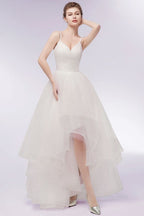 Ivory Sweetheart A-line Hi-lo Spaghetti Tulle Wedding Dresses with Ruffles
