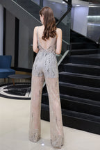Jewel Sleeveless Tulle Evening Jumpsuit with Sequins
