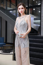 Jewel Sleeveless Tulle Evening Jumpsuit with Sequins