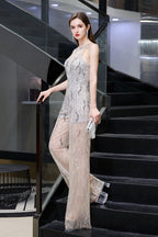 Jewel Sleeveless Tulle Evening Jumpsuit with Sequins