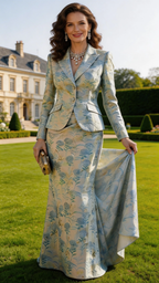 Elegant Blue Floral Jacquard Skirt Suit for Mother of the Bride by ZAPDRESS