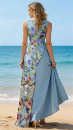 Elegant Sky Blue Floral Print Asymmetrical Maxi Dress by ZAPDRESS
