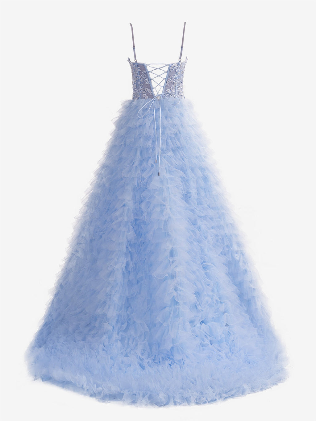 Sky Blue A-Line Tiered Sequins Tulle Long Prom Dress