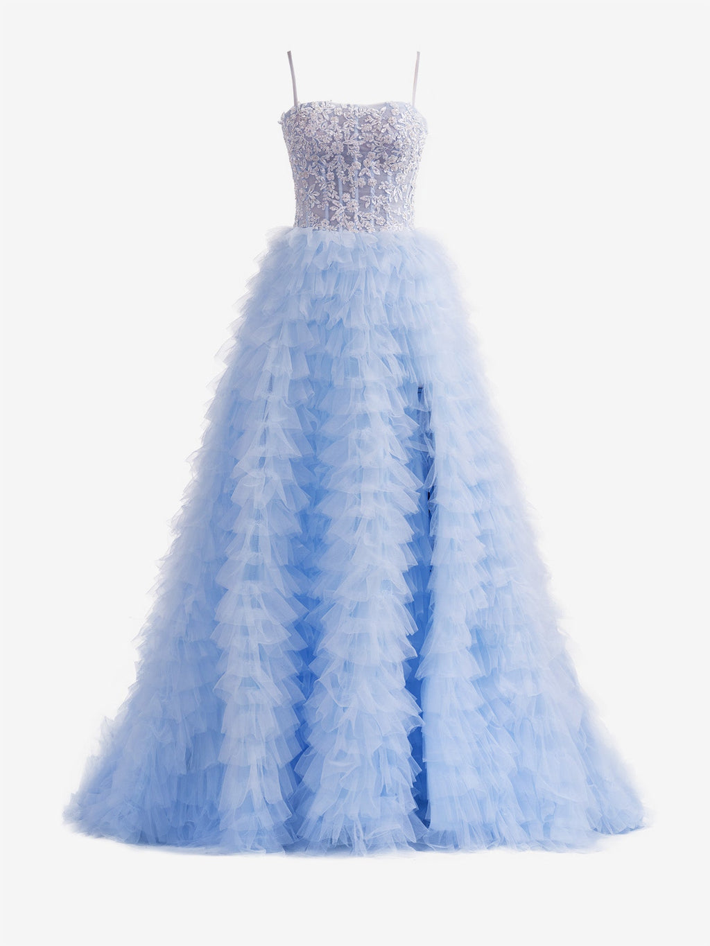 A-Line Tiered Sequins Tulle Long Prom Dress