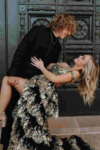 Kaira | Gold Off the Shoulder Sequin Long Prom Dress with Slit