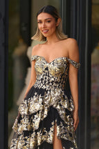 Kaira | Gold Off the Shoulder Sequin Long Prom Dress with Slit