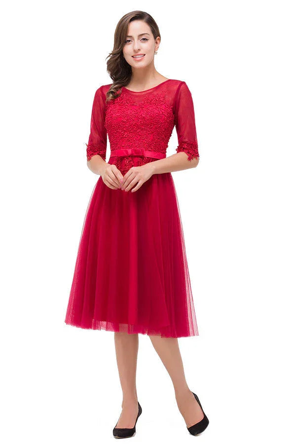 Knee-length Crew A-line Half Sleeve Sashes Bridesmaid Dresses