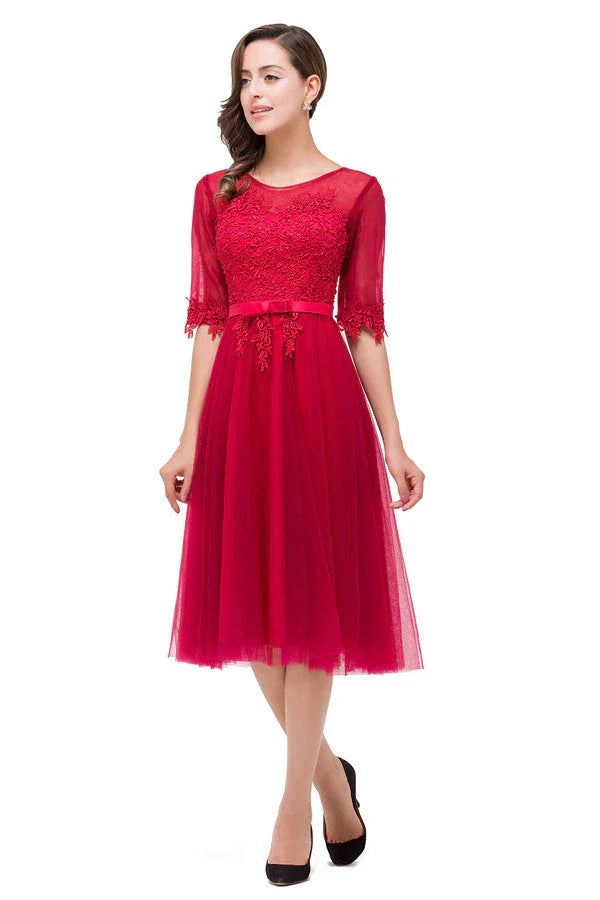 Knee-length Crew A-line Half Sleeve Sashes Bridesmaid Dresses