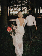 Lace Long Sleeve Backless Boho Wedding Gowns Rustic Wedding Dress