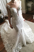 Lace Mermaid Wedding Dress Glamorous Sheer Tulle Bridal Wears with Buttons