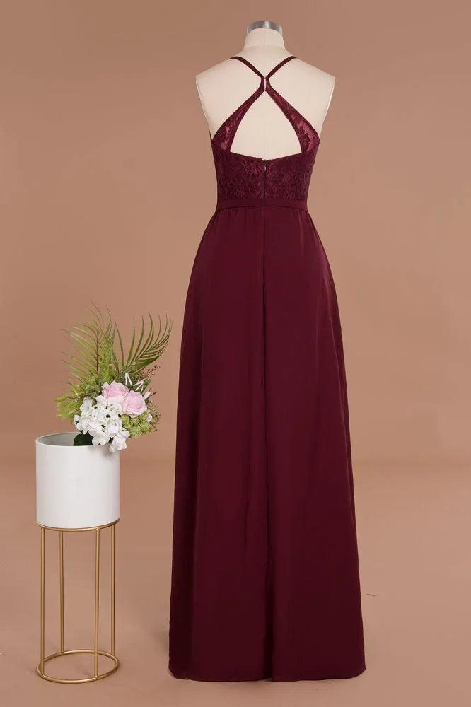 Lace Spaghetti Straps Prom Dresses | A-Line Sleeveless Side Split Evening Dresses