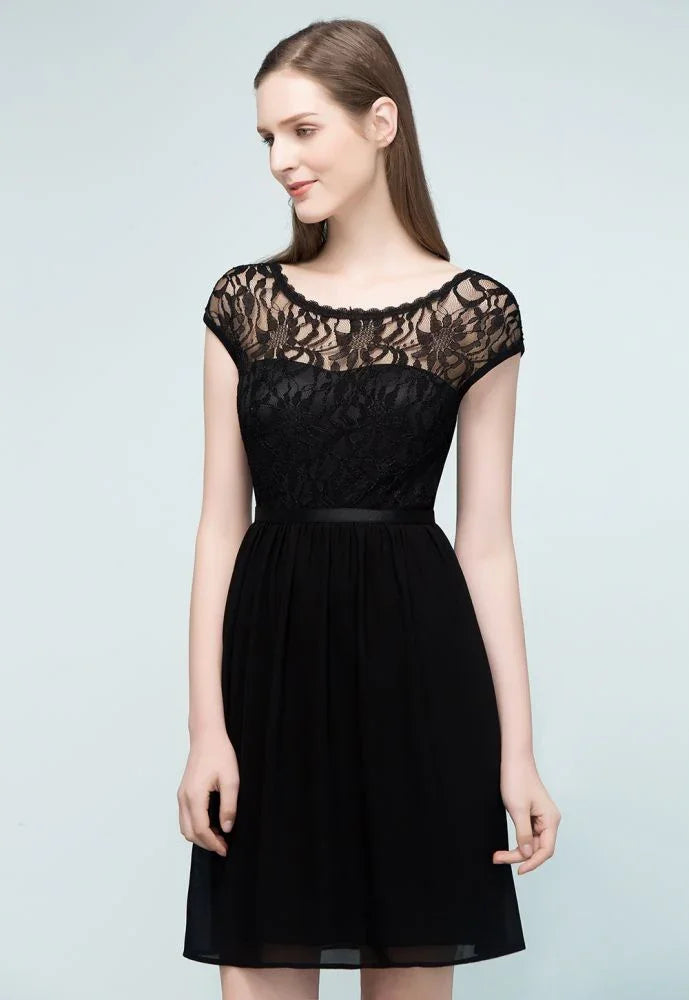 Lace Top Chiffon A-line Short Scoop Bridesmaid Dresses