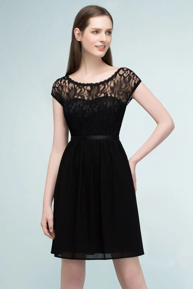 Lace Top Chiffon A-line Short Scoop Bridesmaid Dresses