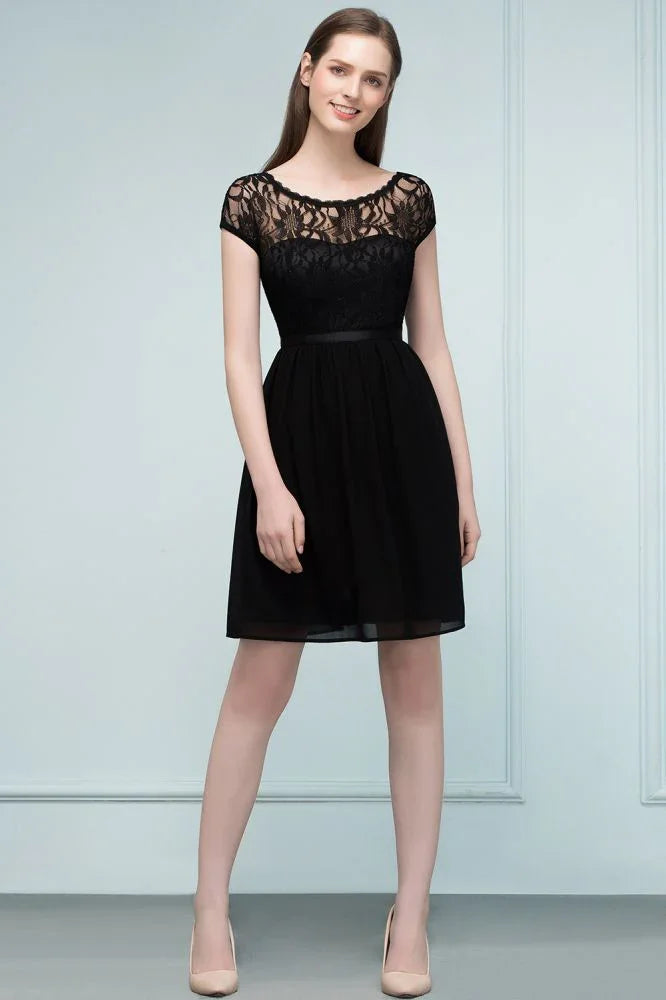 Lace Top Chiffon A-line Short Scoop Bridesmaid Dresses