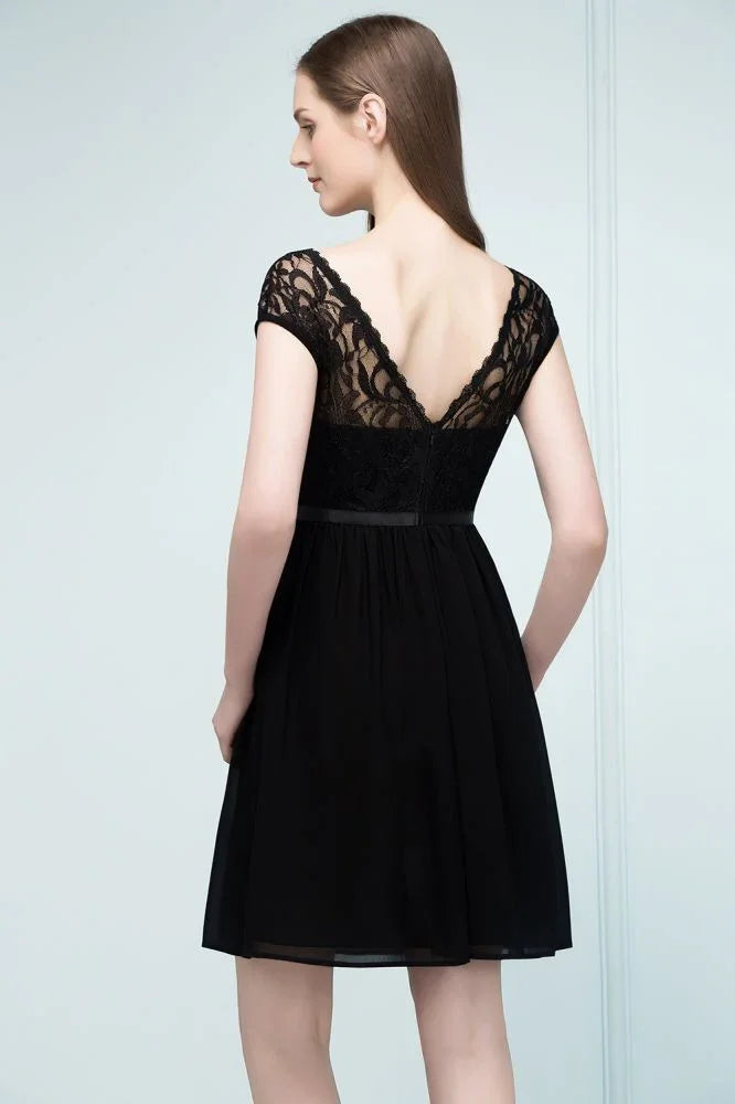 Lace Top Chiffon A-line Short Scoop Bridesmaid Dresses