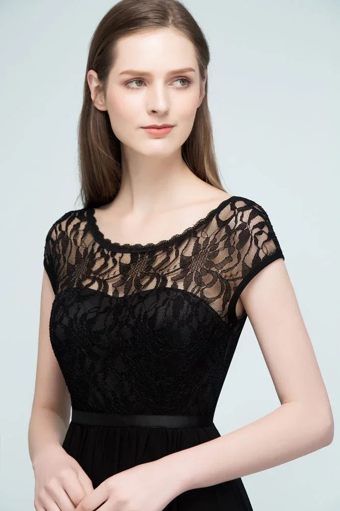 Lace Top Chiffon A-line Short Scoop Bridesmaid Dresses