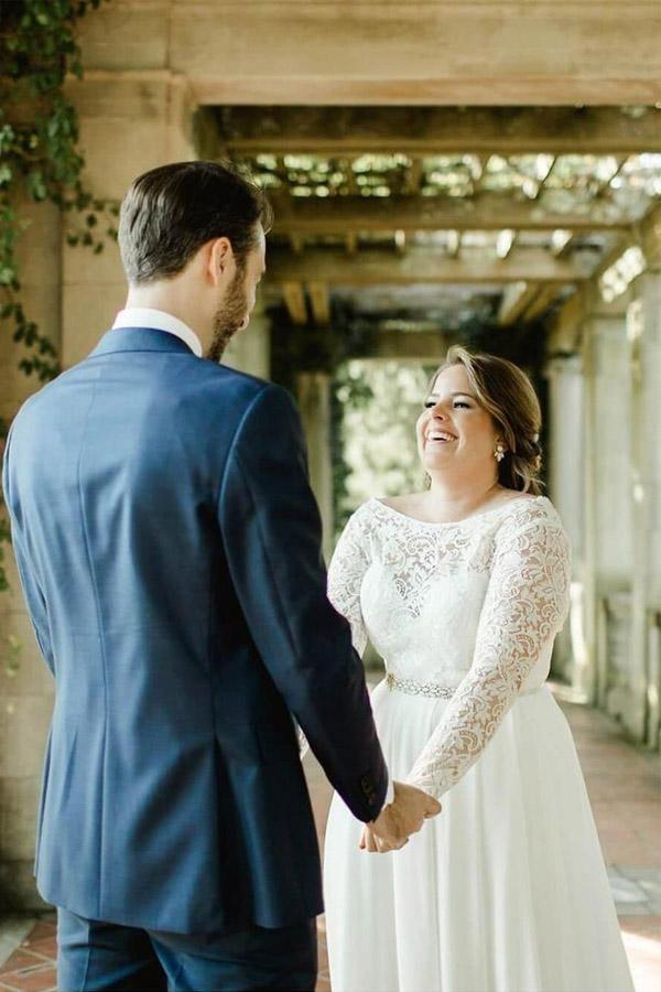 Lace Top Ivory Chiffon Plus Size Wedding Dresses with Long Sleeves