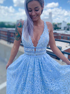 Light Blue Long A-line Deep V Neck Tulle Lace Prom Dress with Pockets