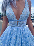 Light Blue Long A-line Deep V Neck Tulle Lace Prom Dress with Pockets