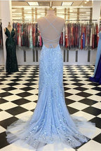 Light Blue Long Lace Open Back Mermaid Prom Dress