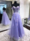 Lilac Long A-line Off the Shoulder Tulle Lace Formal Prom Dresses