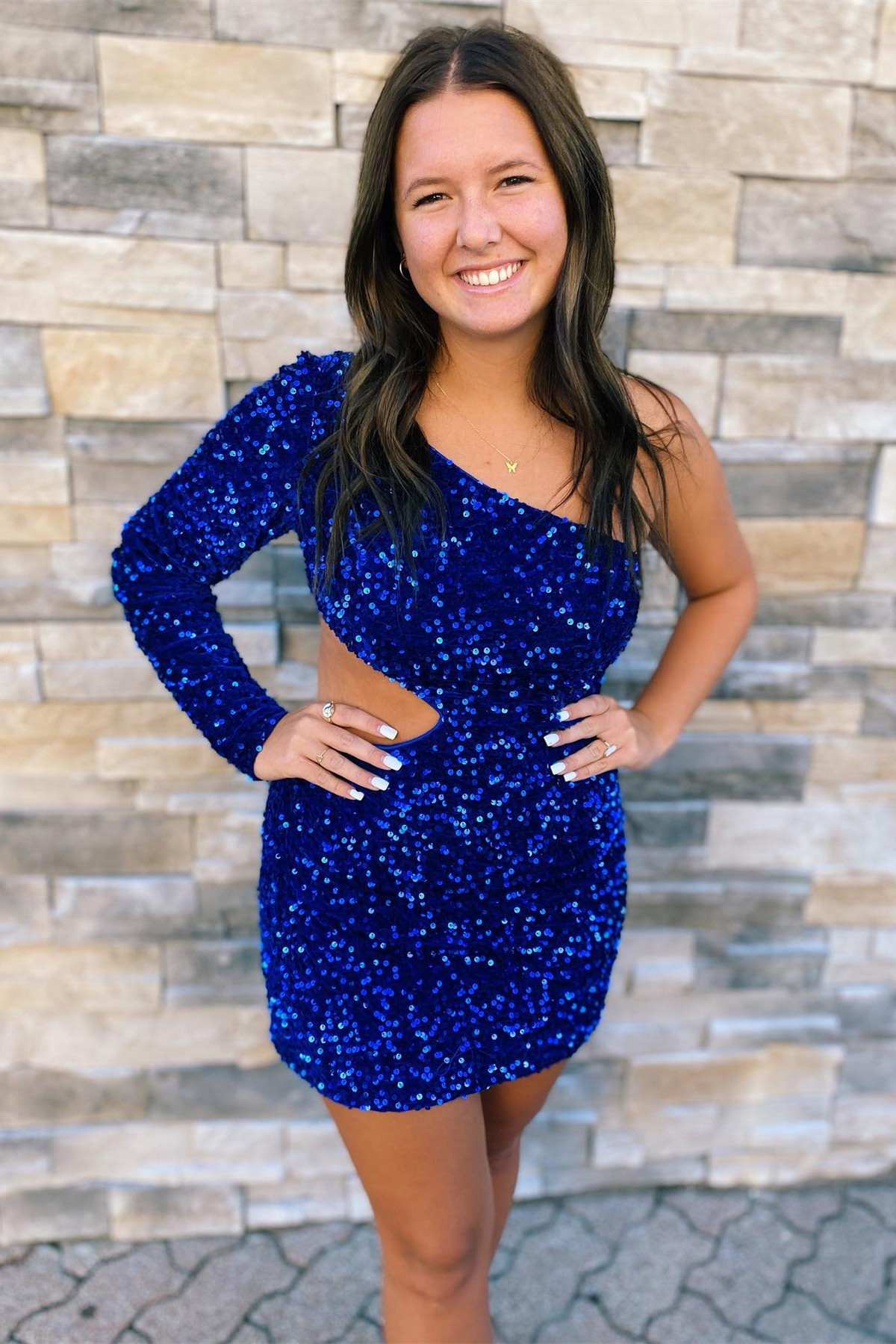 Sequin One-Sleeve Cutout Short Homecoming Dress