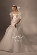 Romantic Off-Shoulder Satin Mermaid Wedding Dress with Puff Sleeves & Cathedral Train