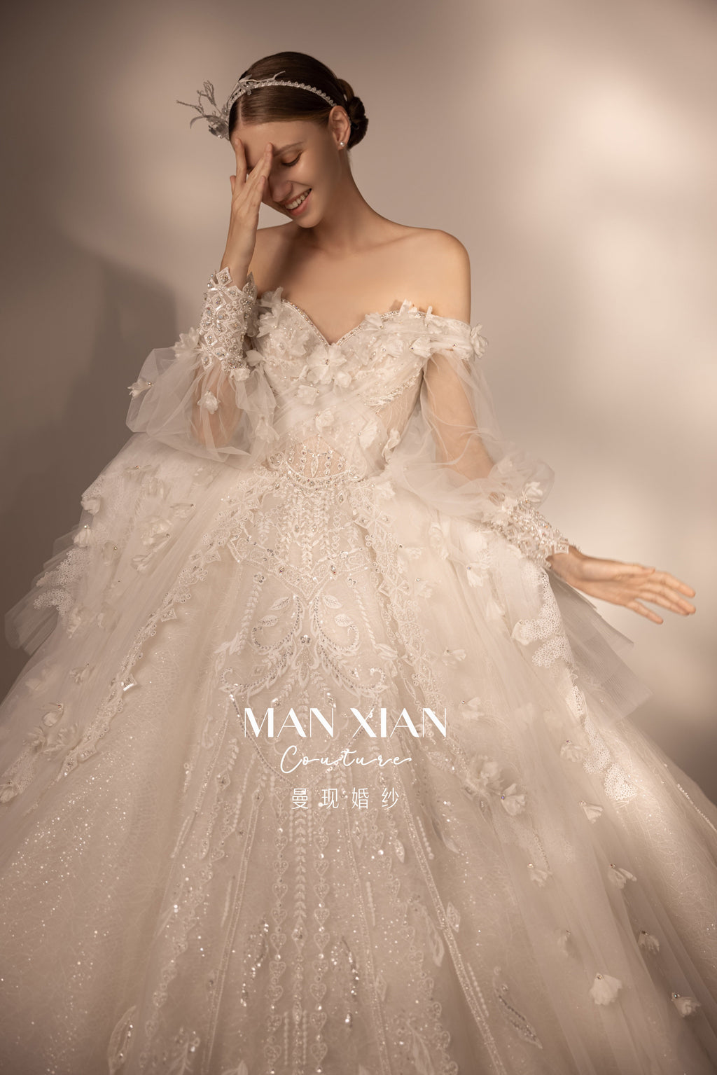 Ethereal Off-Shoulder 3D Floral Ball Gown Wedding Dress with Cathedral Train & Detachable Sleeves