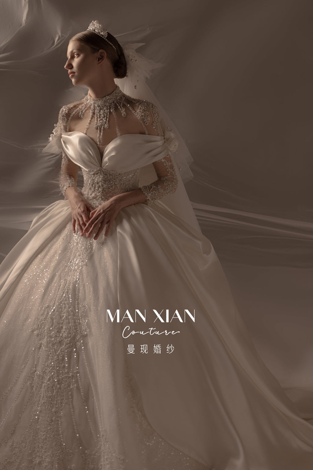 Regal Off-Shoulder Satin Ball Gown Wedding Dress with Oversized Bow & Cathedral Train