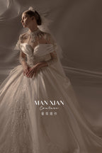 Regal Off-Shoulder Satin Ball Gown Wedding Dress with Oversized Bow & Cathedral Train