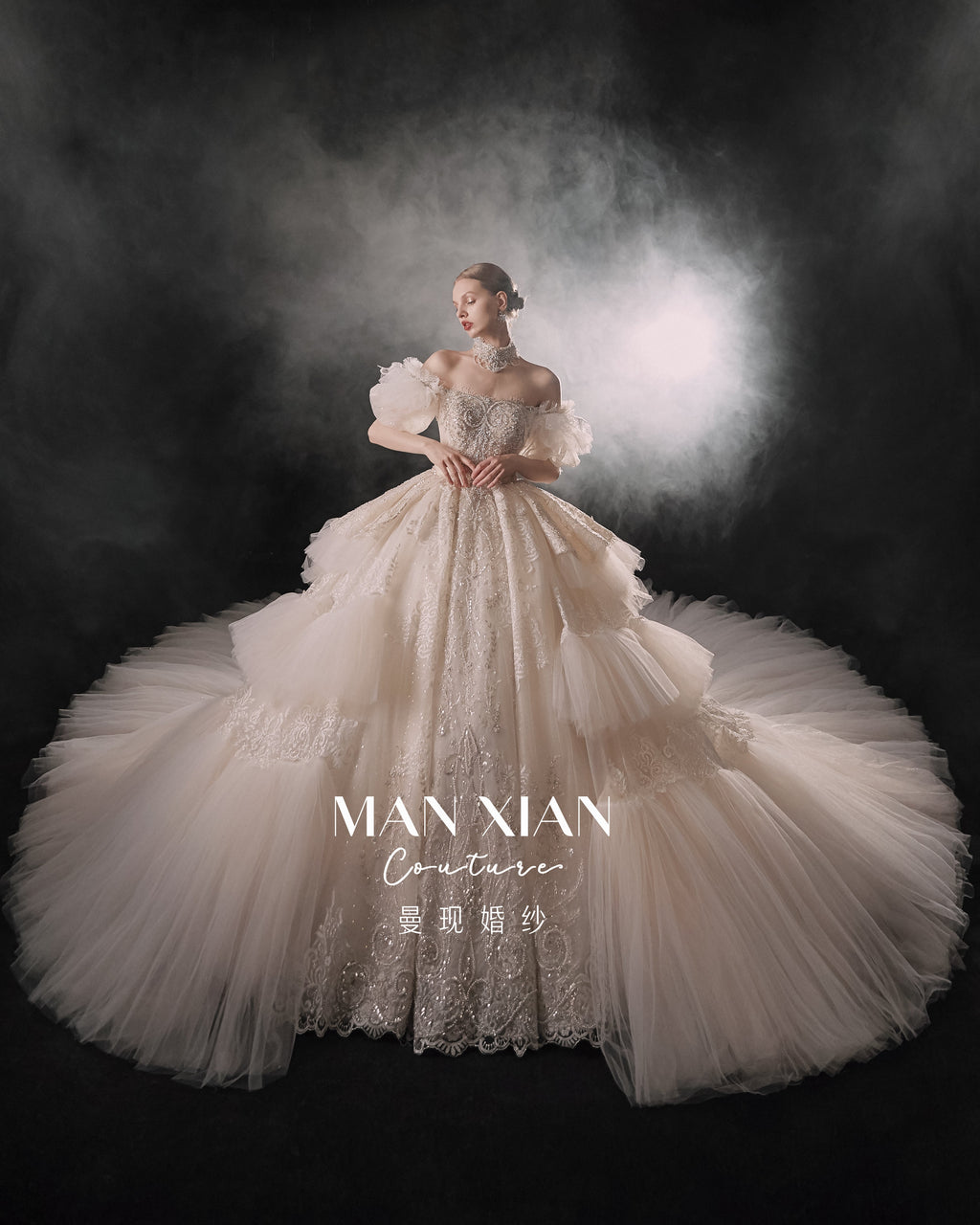 Regal Off-Shoulder Crystal Ball Gown Wedding Dress with Cathedral Train & Statement Choker