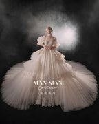 Regal Off-Shoulder Crystal Ball Gown Wedding Dress with Cathedral Train & Statement Choker