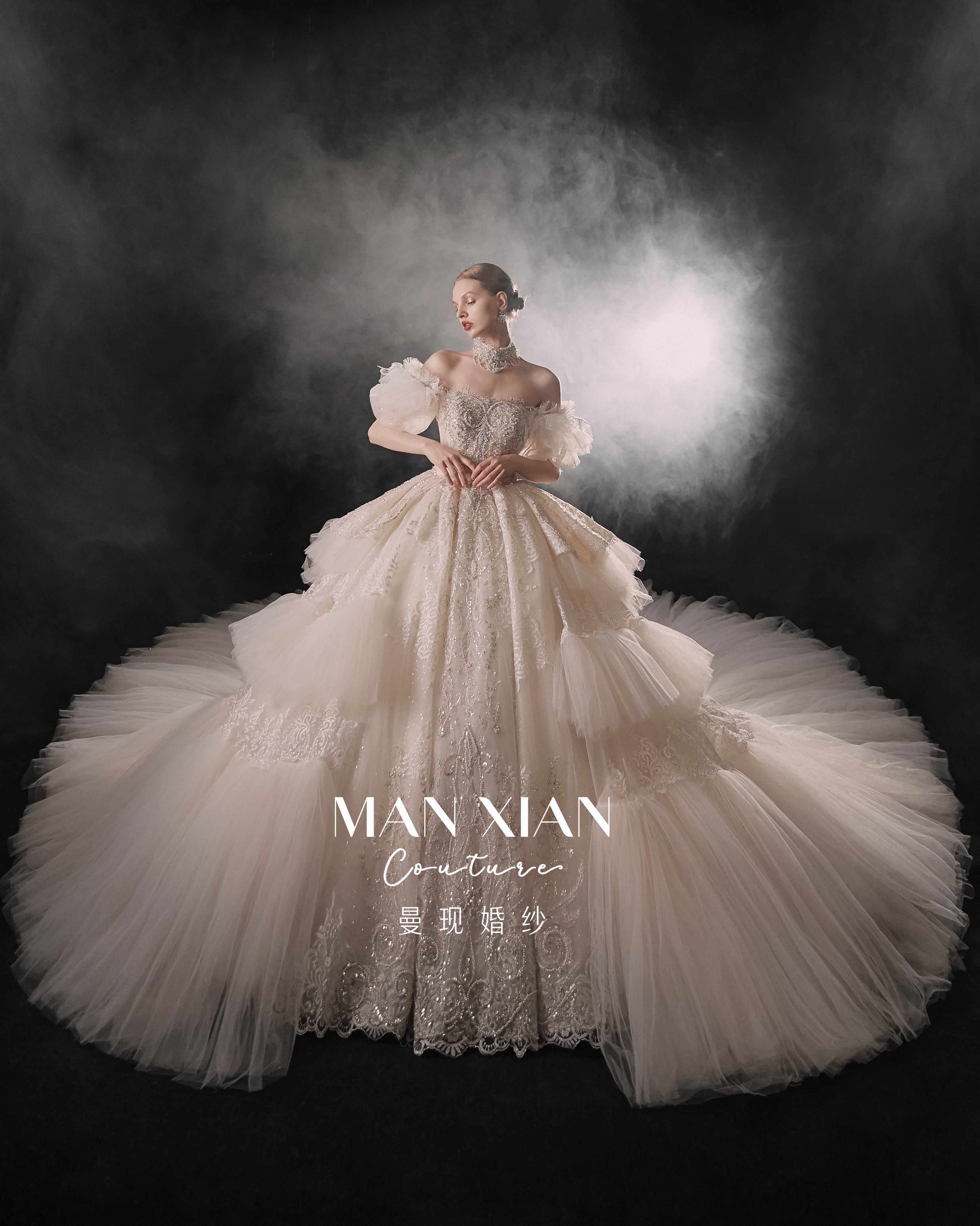 Regal Off-Shoulder Crystal Ball Gown Wedding Dress with Cathedral Train & Statement Choker
