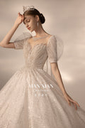 Regal Puff-Sleeve Crystal Ball Gown Wedding Dress with Cathedral Train & Statement Choker
