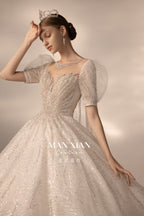 Regal Puff-Sleeve Crystal Ball Gown Wedding Dress with Cathedral Train & Statement Choker
