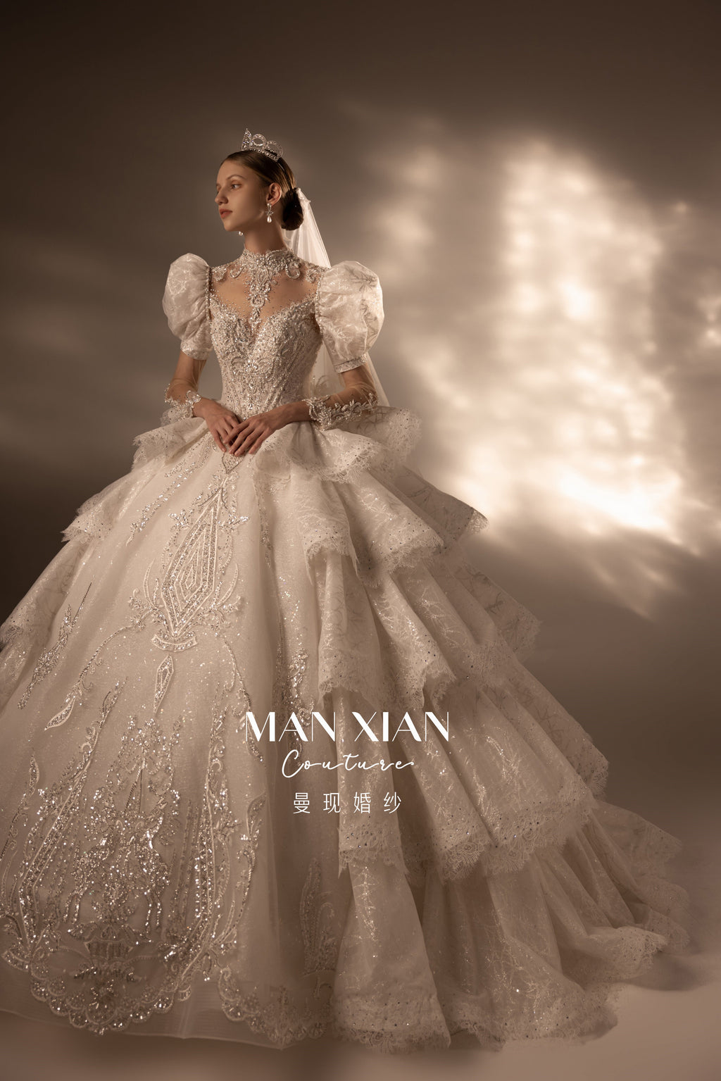 Regal Puff-Sleeve Crystal Ball Gown Wedding Dress with Cathedral Train & Statement Choker