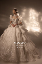 Regal Puff-Sleeve Crystal Ball Gown Wedding Dress with Cathedral Train & Statement Choker