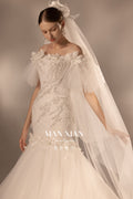 Ethereal Off-Shoulder Crystal Mermaid Wedding Dress with 3D Floral Detail & Cathedral Train