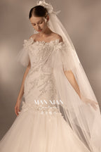 Ethereal Off-Shoulder Crystal Mermaid Wedding Dress with 3D Floral Detail & Cathedral Train