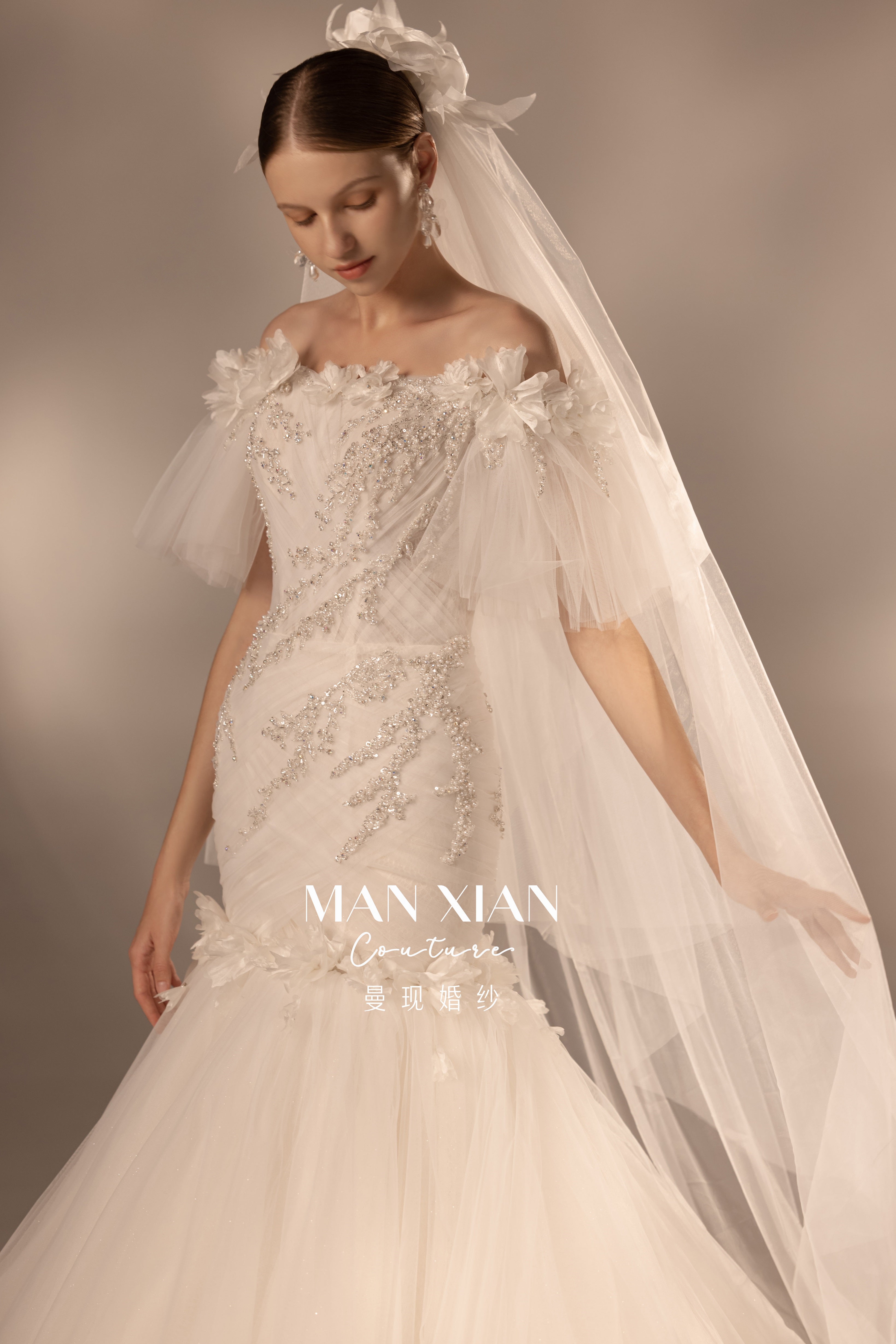 Ethereal Off-Shoulder Crystal Mermaid Wedding Dress with 3D Floral Detail & Cathedral Train