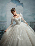 Romantic Square Neck Lace Ball Gown Wedding Dress with Cathedral Train & Puff Sleeves